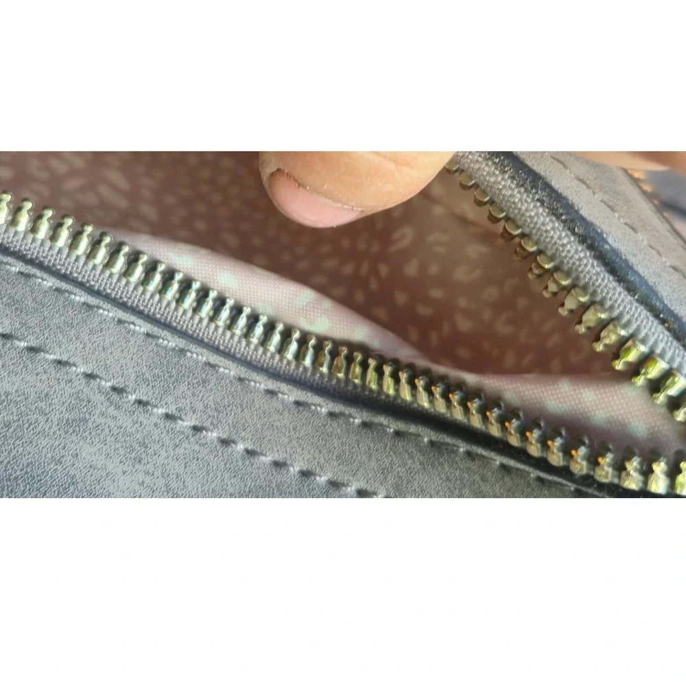Grey Faux Suede Multi-Zip‎ Satchel Handbag Gold Hardware Crossbody Bag